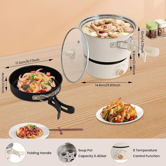 Portable Electric Hot Pot,500W Mini Electric Cooker w/Foldable Handles & Steamer,Non-stick Frying Pan,Multi-Functional Ramen Noodle Cooker Power Adjustment for Steaks,Soup,Pasta (White)