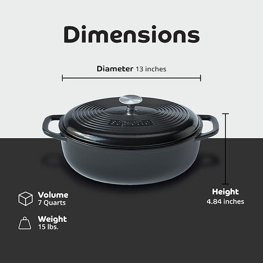 Segretto Cookware Enameled Oval Cast Iron Dutch Oven with Handle, 7 Quarts, Nero (Black), 7qt Cast Iron Pot with Lid | Enamel Dutch Oven for Bread Baking, Ceramic Pots for Cooking, Soup