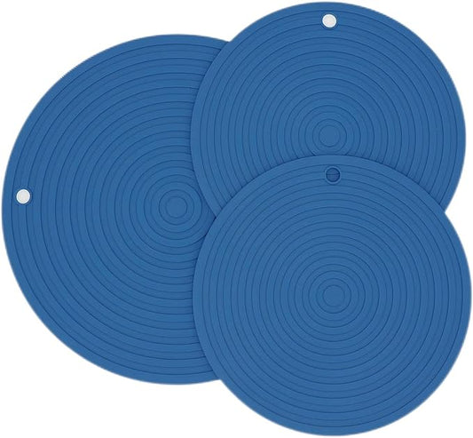Silicone Trivets for Pots and Pans, Heat Resistant Pot Holders, Flexible Hot Pads for Kitchen Table, Non Slip Mats, Dia11.81 and 9.45 Inches Big Round Microwave Mats Pack 3 Navy Blue