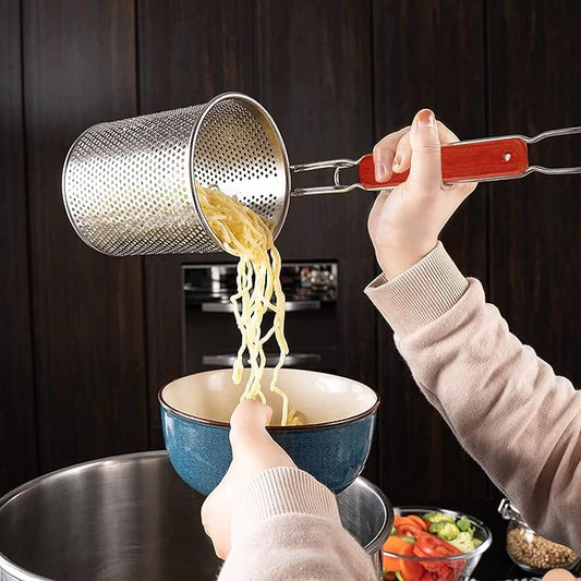 Tenta Kitchen Micro-Perforated Stainless Steel Pasta Basket Mesh Spider Food Dumpling Noodle Strainer,Fine Mesh Skimmer Kitchen Fine Sieve Mesh Strainer with Wooden Handle (Strainer, 14cm)