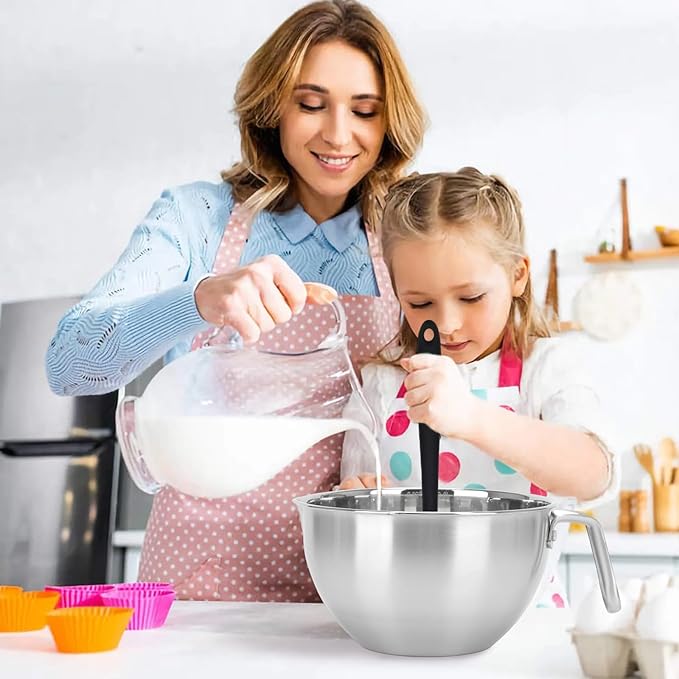 3PCS Double Boiler Pot Set, 2500ML/2.3QT Mixing Bowl with Scale 4000ML/ 3.6QT Stainless Steel Heating Pot with Silicone Spatula for Cheese Chocolate Candy Candle Soap Wax Melting (2500ml+4000ml)