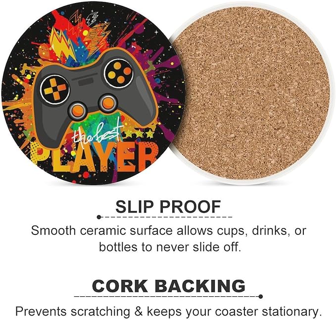 Round-6PCS Gamer Drink Coasters, Round Modern Ceramic Absorbent Coasters, Kids Cool Gamepad Colorful Game Controller Gaming Gamer Decor Desk Coffee Table Coaster for Beverage Cup Tea Coasters