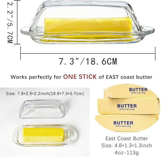 7 Inches Glass Butter Dish with Lid for Countertop - Crystal Glass Butter Keeper Elegant Clear Butter Holder Tray for 1 Stick East Coast,Dishwasher Safe