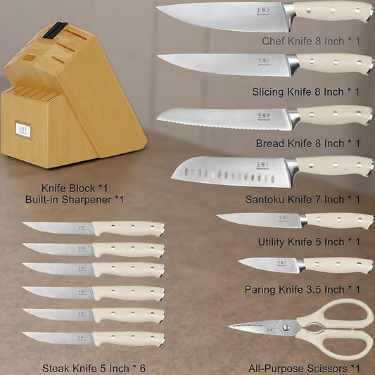 Premium Chef Knife Set High Carbon Stainless Steel Ergonomic Triple Rivet Handle Sharp Knife Set for Kitchen Hundreds of Years of Masterful Craftsmanship(Ivory Pro,15PCS)
