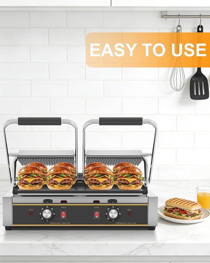 Commercial Panini Press - 3600W Electric Sandwich Panini Maker, Stainless Steel Double Sandwich Grill w/Nonstick Coating & Temp Control, 19x9 in Plate for Hamburger Steak Bacon
