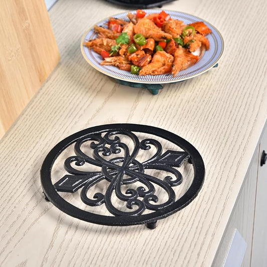 Sungmor Heavy Duty Cast Iron Trivet – 8 Inch Round Metal Hot Pot Stand, Rust-Resistant Heat Protector for Kitchen, Dining Table & Countertop, Black Vintage Decorative Hot Plate Pad