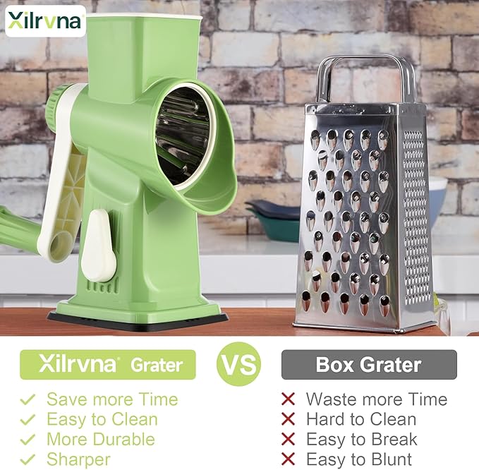Rotary Cheese Grater with Handle Kitchen Shredder Slicer Grater Slicer Ice Shaver Cheese Vegetable Nuts Potato Zucchini Chocolate 3 Interchangeable Blades (Green)