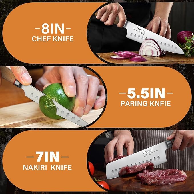 TIVOLI 3 PCS Kitchen Knife Set, High Carbon Stainless Steel Cutlery Knife Set, Ergonomic Wood Handle, Professional Chef Knife Set Gifts For Cooks, Beige