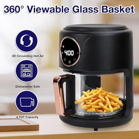 GYMODE 4.7QT Glass Air Fryer, 360° Viewable Glass Air Fryer Non Toxic, 6-IN-1 Preset Cook Modes, Digital Display, Adjustable Temp 100F - 400F, Nonstick, Dishwasher Safe, Black