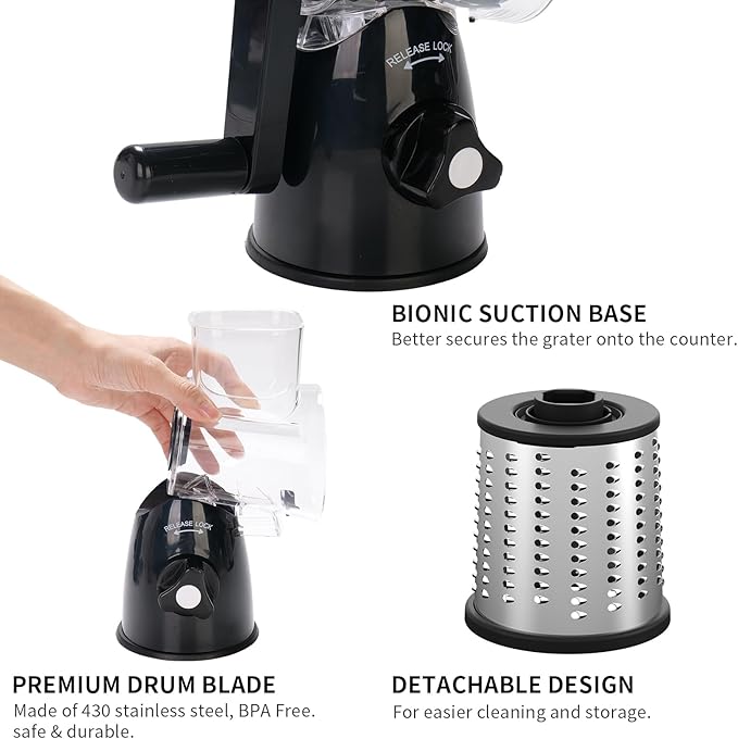 JIUMEXES Rotary Cheese Grater Hand Crank with 3-in-1 Blades - Fast, Safe & Effortless Grating, Perfect for Cheese, Vegetables & Chocolate, BPA-Free with Steel Drums,Black