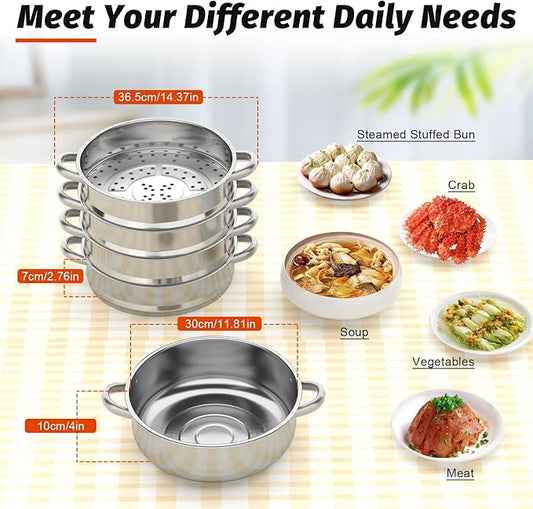 5 Tier Steamer Cooker,Home Steam Pot Set,Multi tier Stainless Steel Kitchen Cookware Hot Pot for Cooking Vegetables, Seafood, Soups, Stews and Pasta (Silver, 14.37 * 15.55in)