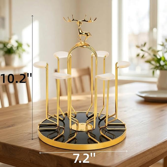 Rotating Cup Drying Rack Stand, 6 Cups Drinking Glass Holder, Non-Slip Steel Mug Drainer Organizer, Glass Cup Stand with Silicone Protective Hooks, Tumbler Dryer Tree for Kitchen, Countertop