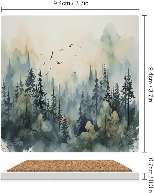 6PCS Forest Drink Coasters, Square Modern Ceramic Absorbent Coasters, Watercolor Style Nature Mountain Woodland Green Forest Flying Birds Decor Desk Coffee Table Coaster for Beverage Cup Tea Coasters