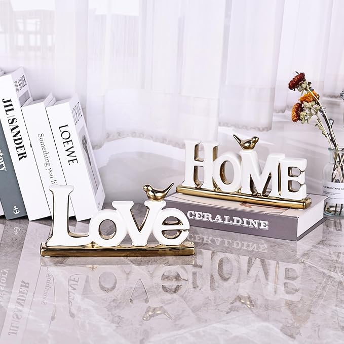 Love Sign Decor,White and Gold Room Decor Aesthetic, Knick Knack Shelf,Gold Bird Decor, Boho Bookshelf ,Abstract Gold Statue ,For Living Room,Bedroom, Contemporary Tv Stand set of 2 (2, White)