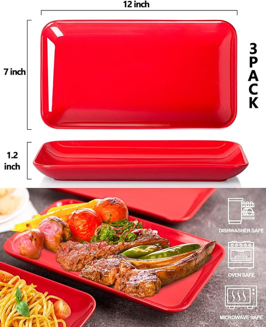 DELLING 3 Pack Rectangular Serving Platter and Trays, 12" Appetizer/Salad/Dessert Plates, Entertaining, Party, Romantic Date, Red