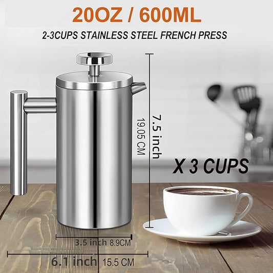 Small Stainless Steel French Press Coffee Maker 21oz(3 Cups), Double Wall Insulated for Hot& Cold Brew, Compact Coffee& Tea Press for Camping, Office, Travel with 3 Ultra-Fine Filters & Spoon- Silver