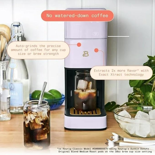 Beautiful Perfect Grind Programmable Single Serve Coffee Maker, Burr Grinder, 64 oz Reservoir, 6 Brew Sizes by Drew Barrymore (Lavender)