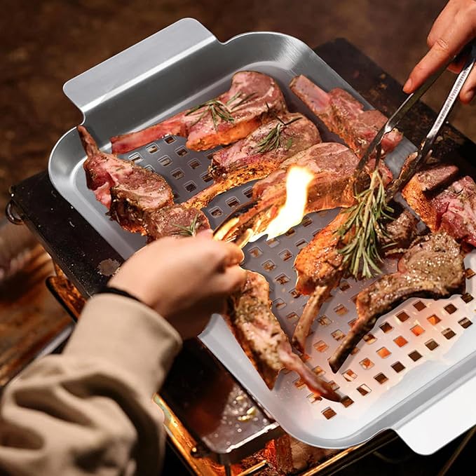 COOK TIME Grill Pan Set of 2, BBQ Grill Topper for Outdoor Grill, Stainless Steel Grilling Baskets with Holes and Handles, Perforated Food Tray Barbecue Accessories for Vegetable, Fish, Middle x 2