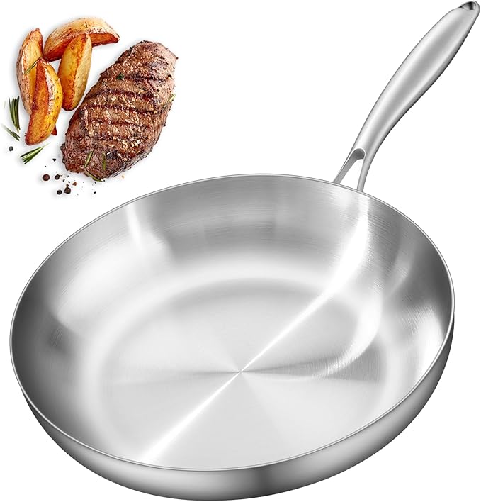 12" Stainless Steel Frying pan, 3-Ply Stainless Steel Pan, Induction, Oven Broiler Safe 600F Skillet, Professional Cookware, Silver,Suitable for All Stove (Detachable Handle)