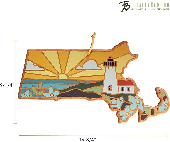 Totally Bamboo Massachusetts State Shaped Cutting Board and Charcuterie Serving Platter with Artwork by Summer Stokes, Includes Hang Tie for Wall Display