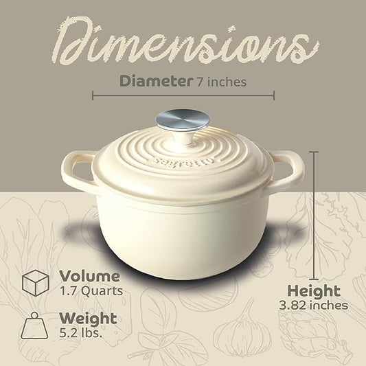 Segretto Cookware 1.7-Quart Enameled Cast Iron Dutch Oven with Lid – Bianco Perla (Pearl White) Small Camping Pot for Bread Baking & Cooking