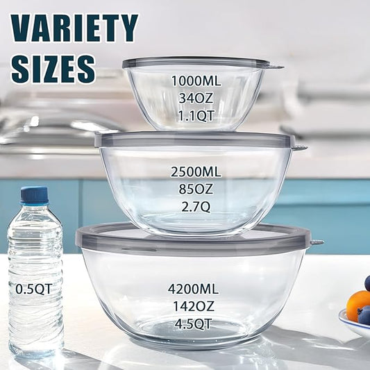 Glass Mixing Bowls with Lids Set(4.5QT, 2.7QT, 1.1QT),Glass Bowls with Lids Large Mixing Bowl Salad Bowls Space-Saving Nesting bowls Serving bowls Storage Container for Cooking,Baking,Prepping
