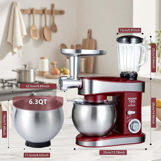 SeaSpark Multifunctional Stand Mixer, 6 in 1 Stand Mixer, 6.3Qt Tilt-head, Standing Mixer with Stainless Steel Bowl, Meat Grinder, Juice Blender, for professional Baking and Most Home Cooks, Red