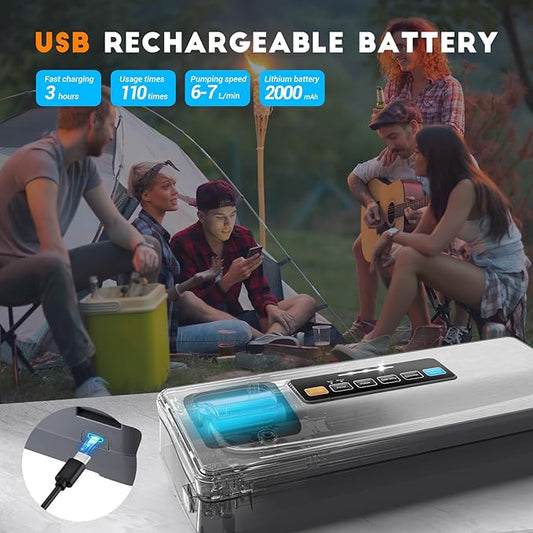 INKBIRD Rechargeable Cordless Vacuum Sealer Machine with 20Ft Bag Storage and Cutter, 5 Food Modes with Starter Kits, Portable & Airtight Vacuum Food Sealer for Camping Fishing Picnic