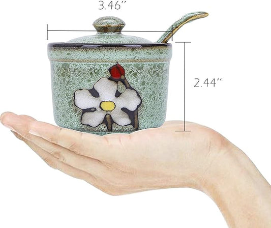 VanEnjoy Retro Hand Painted Flower Ceramic Round Sugar Bowls Spice Containers Porcelain Jar with Spoon Round Condiment
