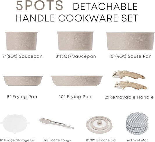 Caannasweis Detachable Nonstick Cookware Set - Stackable Induction Pots and Pans With Removable Handles, Dishwasher Safe - For RV Camping, Oven and Stovetop Use, 5 Pieces (Brown)