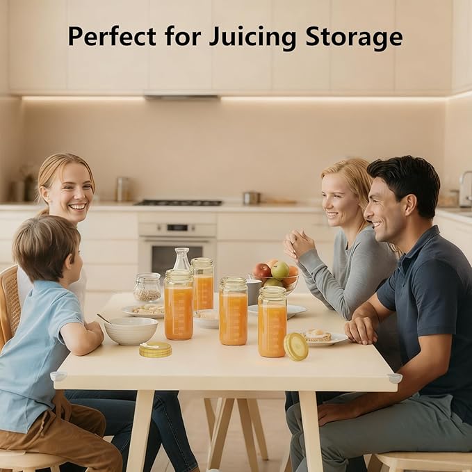 Ruckae 16oz 10 Pack Glass Juice Bottles with Dual Scale, Reusable Glass Bottles with Hole Lids and Straws Mason Jar for Juicing, Smoothies, Kombucha - Water Bottle for Fridge or Gym (Gold)