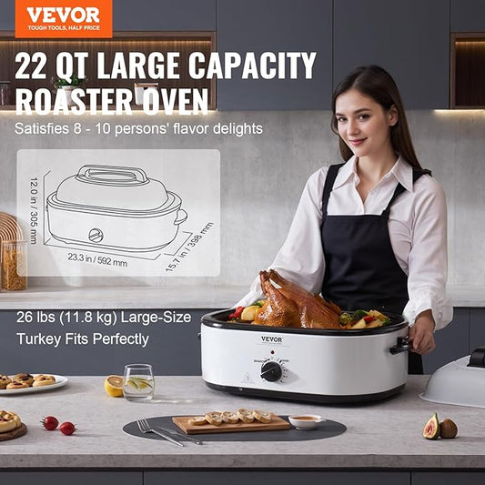 VEVOR Electric Roaster Oven, 22 QT Turkey Roaster with Self-Basting Lid, 1450W Roaster with Defrost & Warm Function, Adjustable Temp, Removable Pan & Rack, Fits Turkeys Up to 26LBS, White