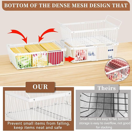 Large Freezer Organizer Bins,Upgraded Bottom Leak-Proof net,3 Pack, Expandable Stackable Chest Freezer Containers with Handle,for Fridge, Deep Freezer, Cabinet, Kitchen, Pantry (White-3Pack)