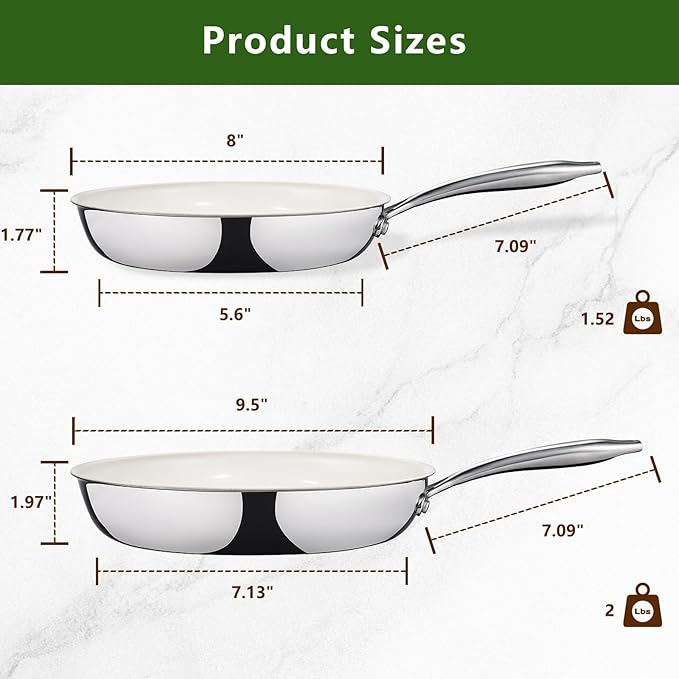 SAKAMOSH 9.5 Inch Nonstick Ceramic Frying Pan, Tri-Ply Stainless Steel Skillet with Stay-Cool Handle, PFAS/PFOA/PTFE Free, No Seasoning Required, High Heat & Induction Safe, Dishwasher/Oven Safe