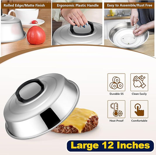 HaSteeL 12In Cheese Melting Dome & 5.5In Bacon Press, Stainless Steel Round Basting Cover, Smash Metal Burger Griddle Grill Press Weight for Teppanyaki Flat Top Iron Skillet Cooking, Dishwasher Safe