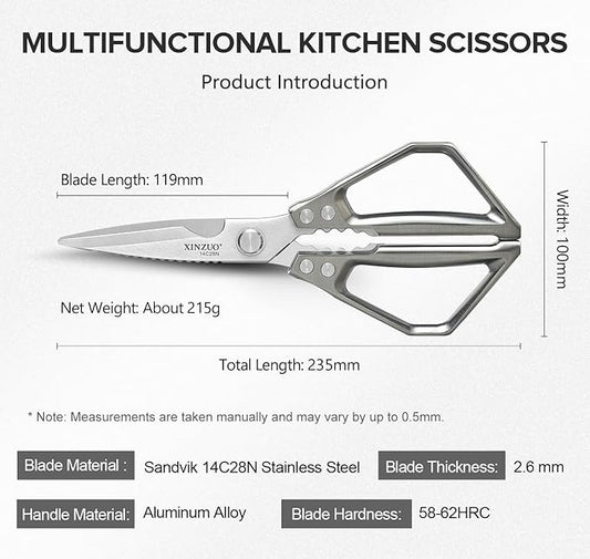 XINZUO Sandvik 14C28N Stainless Steel Multi-Purpose Kitchen Shear,Heavy Duty Kitchen Food Scissors For (Meat/Herbs/Poultry),With Silver Aluminum Alloy Handle