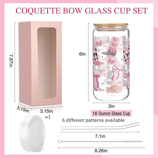 6 Pcs Coquette Bow Aesthetic Cup with Gift Box 16 oz Cowgirl Pink Bow Glass Cup with Lid and Straw Iced Coffee Tumbler Cowgirl Gifts Drinking Jar for Women Friend Sister Girlfriend