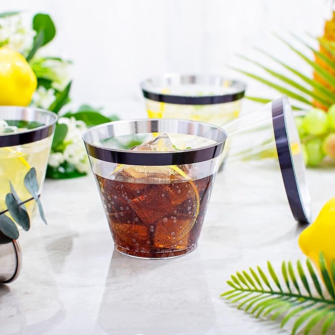 WELLIFE 120 PCS Black Plastic Cups,Disposable Cocktail Glasses,Plastic Wine Glasses Disposable,9 oz Clear Cups for Party