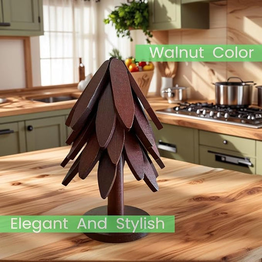 Tree Shape Trivet Set,Natural Wooden Walnut Color,5 Wooden Trivets + 1 Stand for Hot POTS、Bowls、Hot Dishes、Teapot,Foldable Kitchen Decor.