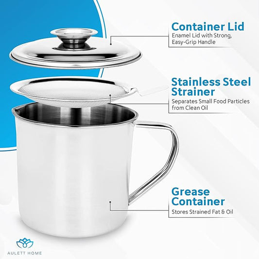 Aulett Home Bacon Fat Container with Oil Strainer - 40 oz Stainless Steel Grease Separator for Kitchen - Oil Separator for Cooking, Storing Fats, Drippings - Grease Keeper for Bacon Fat - 4.5x4.9-Inch