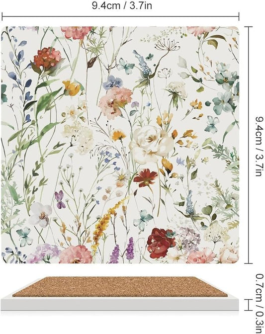 Square-6PCS Floral Drink Coasters, Square Modern Ceramic Absorbent Coasters, Watercolour Colorful Flower Herb Nature Plant Floral Decor Desk Coffee Table Coaster for Beverage Cup Tea Coasters