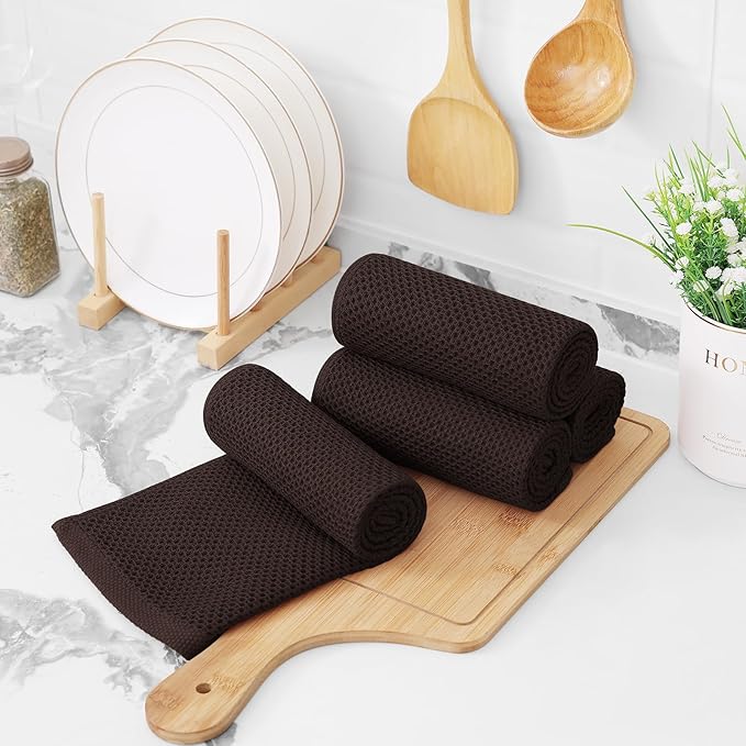 Kitinjoy 100% Cotton Waffle Weave Kitchen Towels, 4-Pack Super Soft and Absorbent Dish Towels for Drying Dishes, Kitchen Hand Towels, 13 in x 28 in, Dark Brown