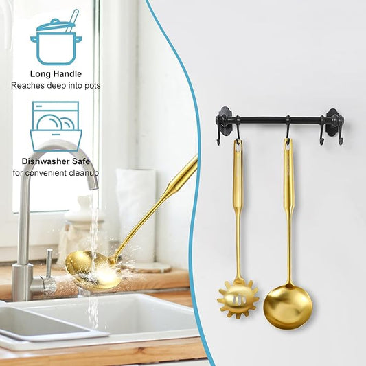 Gold Soup Ladle and Spaghetti Spoon Set - 18/10 Stainless Steel Soup Spoon,Pasta Strainer, 13.8" Kitchen Utensils for Cooking,Stirring, Serving Pasta, Soup & Sauce, Christmas Gifts