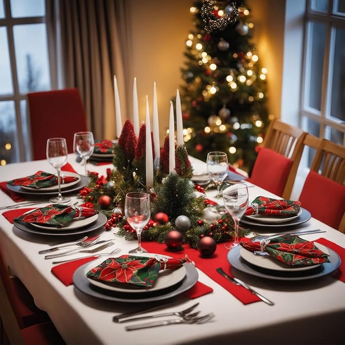 12 Pcs Christmas Poinsettia Cloth Napkin 20 x 20 Inch Poinsettia Cloth Napkins Washable Dinner Guest Napkins for Christmas Holiday Xmas Thanksgiving Dinner Party Supplies, Set of 12