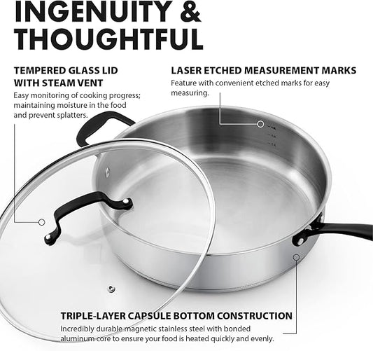 GrandTies Tri-Ply Stainless Steel Saute pan Induction Cookware – 5 QT 12 Inch Capsule Bottom Stainless Steel Pan, Marquina Black Metal Handle Kitchen Cooking Pan with Lid, Dishwasher Safe Pot