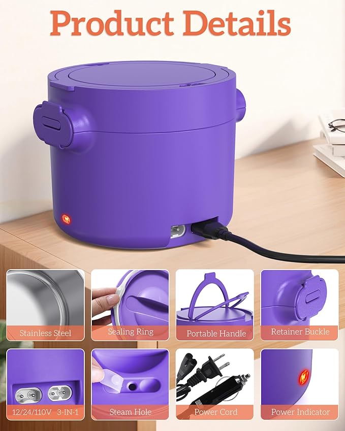 Electric Lunch Box, 33OZ Portable Food Warmer | 100W Rapid Heating & Leak-Proof 304 Stainless Steel | 3-in-1(Car 12V/24V & Home 110V) | Perfect for Work/Travel,On-the-Go,Ideal Gift for Men & Women