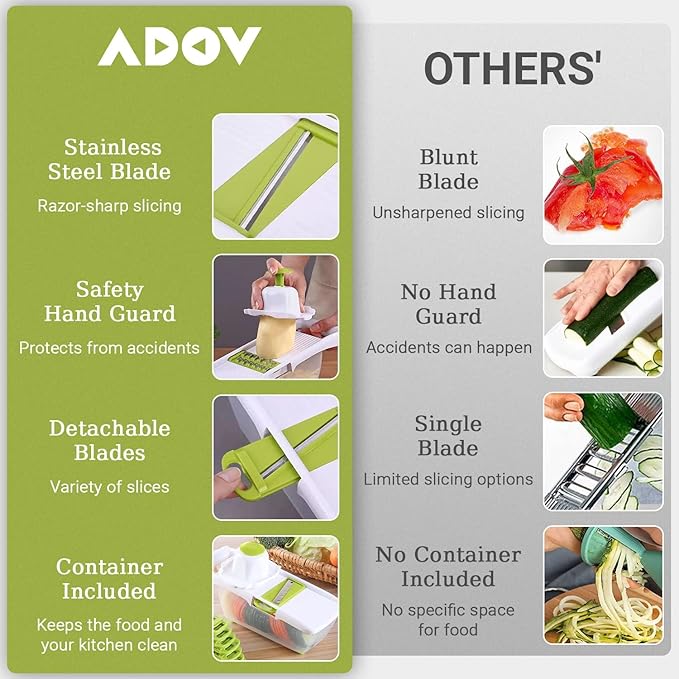 ADOV All in 1 Mandoline Slicer for Kitchen, Multi Function Fruit and Vegetable Slicer Vegetable Cutter, Interchangeable Stainless Steel with Food Container, Hand Protector, Julienne Slicers for Salad