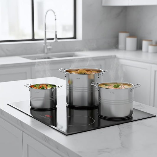Valore 3 pc Stainless Steel Stock Pot Set - 12, 16 & 24 qt - 5-ply Canning Pots with Brushed Stainless Finish & Riveted Handles - Canning Supplies Compatible with All Cooktops