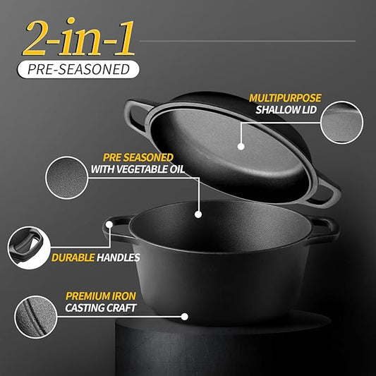 EDGING CASTING 2-in-1 Pre-Seasoned Cast Iron Dutch Oven Pot with Skillet Lid Cooking Pan, Cast Iron Skillet Cookware Pan Set with Dual Handles, Indoor Outdoor for Bread/Frying/Baking/Camping/BBQ, 5 Qt
