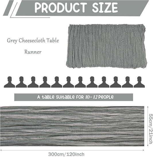 10 Pack Grey Cheesecloth Table Runner 10FT Boho Gauze Fabric Table Runner Vintage Rustic Sheer Runners for Wedding Party Bridal Baby Shower Long Table Decorations